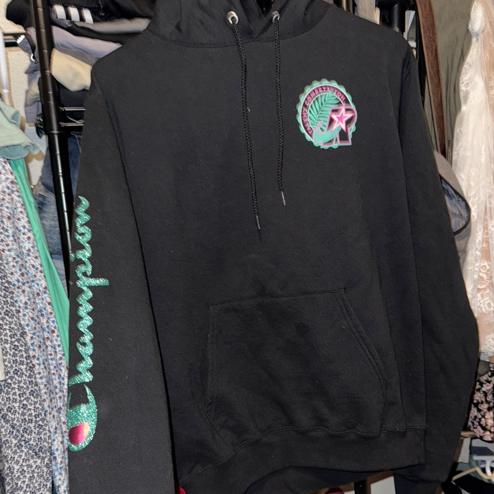 Champion Black Hoodie with Teal and Pink Accents
